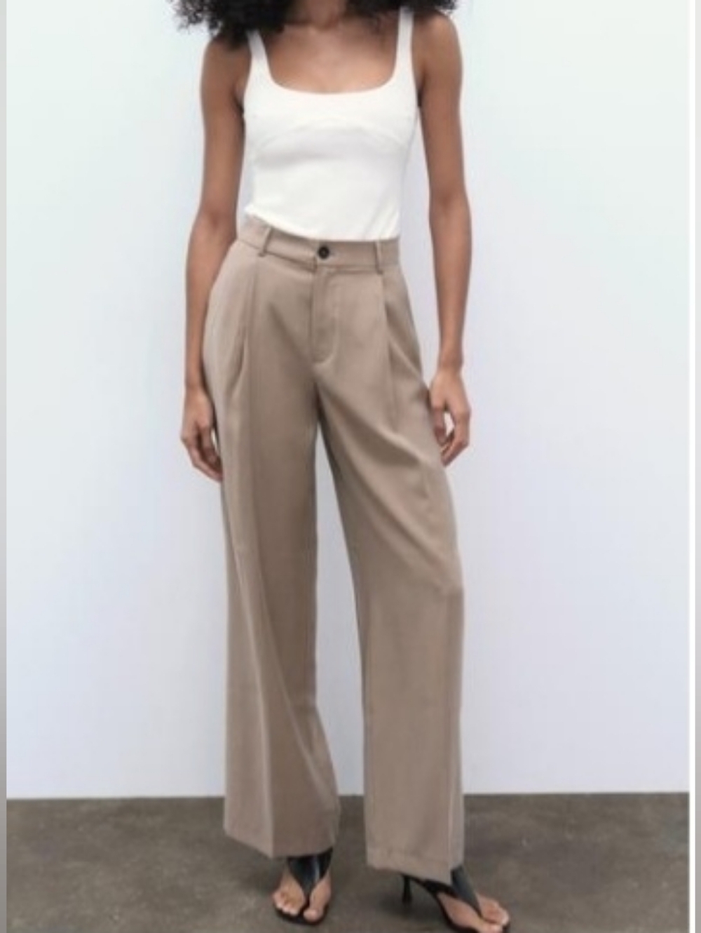 Wide-Leg High-Rise Flowy Pleated Women's Trousers in Taupe